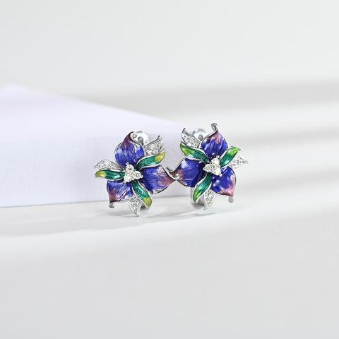 Pendientes de plata de pétalos de esmalte púrpura para mujer, aretes de flores de cristal para compromiso, aretes de boda, joyería ► Foto 1/2