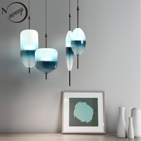 Lámpara colgante de cristal azul con forma de lágrima, moderna y nórdica, LED, art deco, Blanco simple, para sala de estar, restaurante y cocina ► Foto 1/6