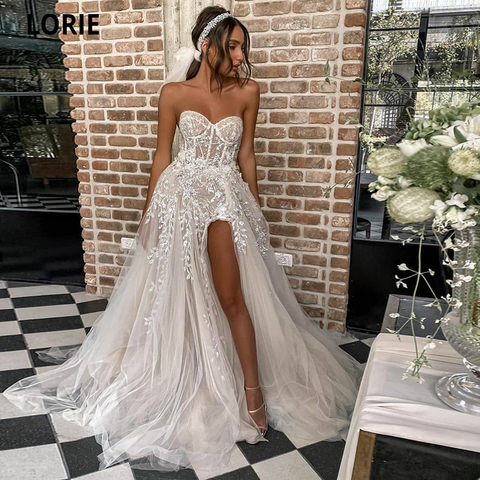 LORIE Sexy playa vestidos de boda para novia de encaje elegante Bohemia boda vestidos sin tirantes sin mangas abertura alta princesa vestidos 2022 ► Foto 1/5