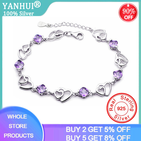 YANHUI-pulsera elegante de Plata de Ley 925 con amatista púrpura Natural, brazalete de corazón de amor, joyería elegante ► Foto 1/6