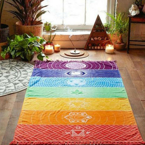 Toalla de chakras ideal para viaje y yoga, tapiz a rayas con borlas y mandalas, mat color arcoiris, moda boho, 1 unidad ► Foto 1/6