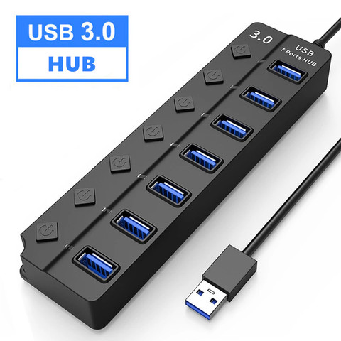 Divisor USB 3,0 Hub, 4 - 7 puertos, alta velocidad, multidivisor con adaptador de corriente, indicador LED, interruptor para ordenador portátil, accesorios para PC ► Foto 1/6