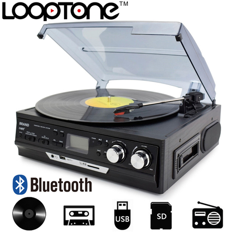 Reproductor de discos de vinilo LP LoopTone de 3 velocidades Bluetooth tocadiscos altavoces incorporados gramófono AM/FM Radio Cassette USB/grabador SD ► Foto 1/6