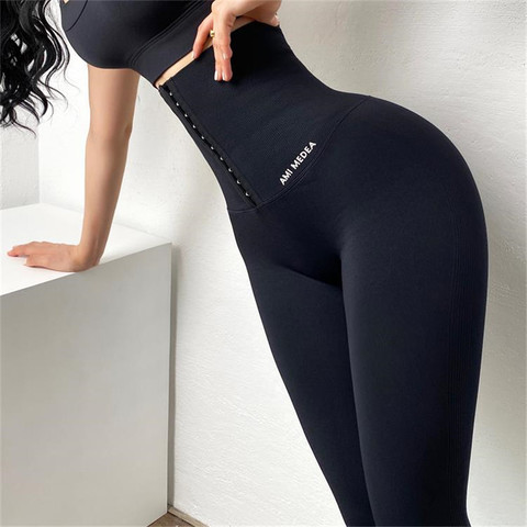 Pantalones deportivos de compresión de cintura alta sin costuras para mujer, pantalones de Yoga con realce ajustable en el Abdomen, elásticos para correr, gimnasio y Fitness ► Foto 1/6