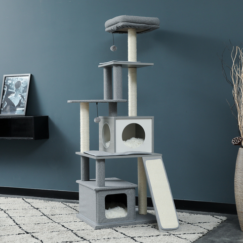 Casa de árbol de Gato, patio de juegos con percha, muebles estables para gatos y gatitos, torre de varios niveles para gatos grandes, bosque sólido acogedor ► Foto 1/6