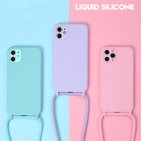 Fundas de silicona líquida originales para iPhone 11 Pro, XS, Max, X, XR, SE, 2022, 8, 7 Plus, 6, 6S, funda suave de caramelo + correa de cordón cruzado para el cuello ► Foto 1/6