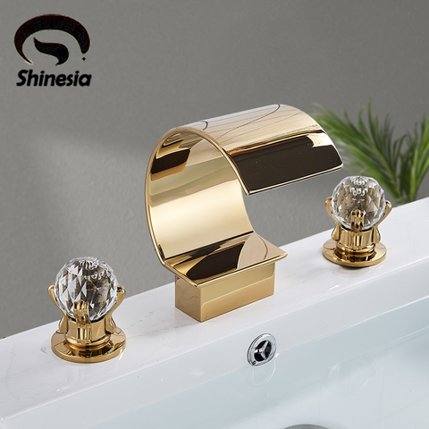 Shinesia-grifo dorado de lujo para lavabo de baño, grifería para fregadero, grúa, cascada, grifo mezclador de agua caliente y fría, mango de Cristal Dual ► Foto 1/6