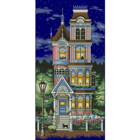 Kit de punto de cruz de alta calidad, Casa con encanto victoriano, noche estrellada, azul marino, lona, 13666 ► Foto 1/6