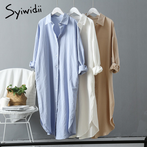 Syiwidii-Vestido camisero largo de algodón para mujer, ropa Coreana de moda, camisas de talla grande, vestidos, estilo suelto y cómodo, primavera y otoño 2022 ► Foto 1/6