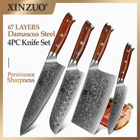 XINZUO 4 piezas conjunto cuchillo de cocina de acero de Damasco conjunto de cuchillos de cocina de acero inoxidable Chef de Multitool cuchillo de mango de palo de rosa ► Foto 1/6