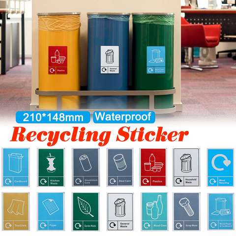 Pegatinas de cubo de basura, cartel de clasificación, papelera de reciclaje, pegatina de reciclaje, letrero de señalización de residuos, resistente al agua, con logotipo General de basura ► Foto 1/6