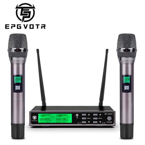 EPGVOTR-EP-200M UHF, sistema con micrófono inalámbrico, con efecto eco, graves agudos, 200 canales, 100 metros, micrófono de mano Dual de Metal completo ► Foto 1/6