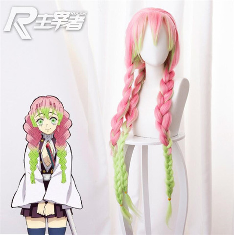 Peluca de Cosplay de Anime Demon Slayer para mujer, Kanroji Mitsuri, Kimetsu No Yaiba, cabello con trenzas de colores verde y rosa ► Foto 1/6