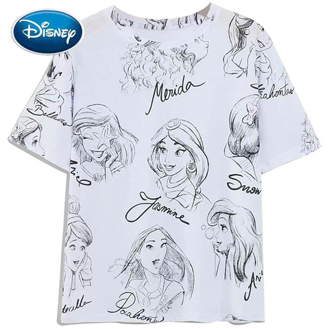 Princesa de Disney camiseta nieve blanco Cenicienta Ariel Belle de impresión de dibujos animados de las mujeres Camiseta de manga corta cuello de algodón Tee tapas de mujer ► Foto 1/6