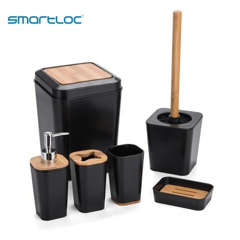 Smartloc-Set de 6 accesorios de plástico para baño, soporte para cepillo de dientes, caja dispensadora de pasta dental, caja de jabón, almacenamiento para ducha, color negro ► Foto 1/6