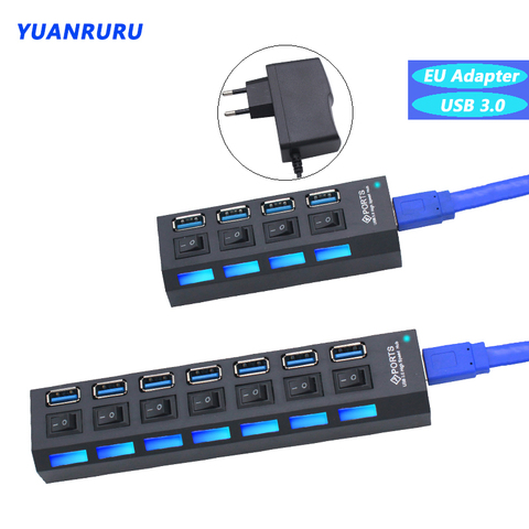 USB 3,0 Hub de alta velocidad 4/7 puertos múltiples 3,0 Hub interruptor USB 3 Hub uso adaptador de corriente USB extensor USB para PC portátil ► Foto 1/6