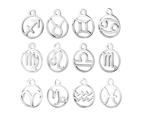 12 unids/lote láser de acero inoxidable signo del zodiaco encantos de acero horóscopo icono de Metal para collar de pulsera joyería etiqueta ► Foto 1/6