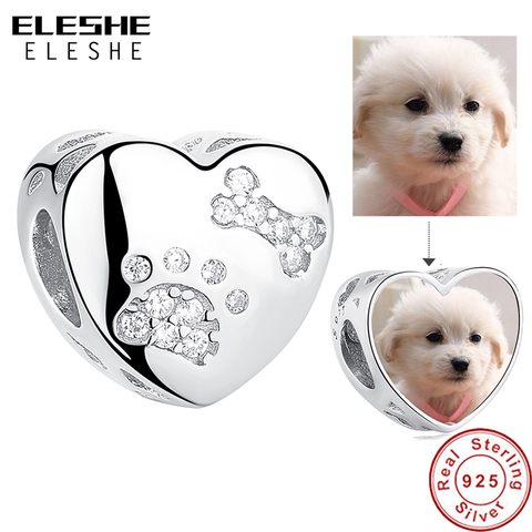 ELESHE-Charm de pata con grabado de pata de mascota para pulsera Pandora, abalorio con forma de corazón personalizable con foto, compatible, de plata esterlina 925, joyería personalizada, collar, bricolaje ► Foto 1/6