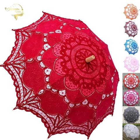 Sombrilla de algodón con bordado de encaje para dama de honor, elegante paraguas de verano al aire libre para decoración de boda ► Foto 1/6