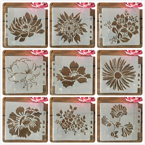 9 unids/set 14*13cm flores DIY capas plantillas de pared pintura libro de recortes colorear tarjeta decorativa en relieve para álbum plantilla ► Foto 1/6