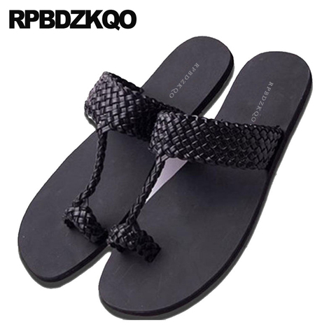 Sandalias de cuero con lazo para hombre, chanclas masculinas de estilo italiano, suaves e informales, sin cordones, tejidas en color negro ► Foto 1/6