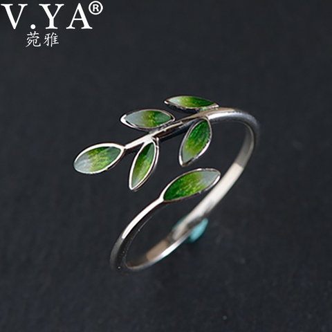 V YA Plata de Ley 925 auténtica esmalte verde hoja Vintage anillo ajustable anillo elegante joyería fina para las mujeres accesorios de fiesta ► Foto 1/6