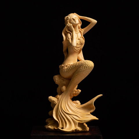 Escultura de sirena de madera tallado a mano pura tallado de boj, 15/19cm, decoración del hogar, artesanía de tallado para oficina ► Foto 1/5