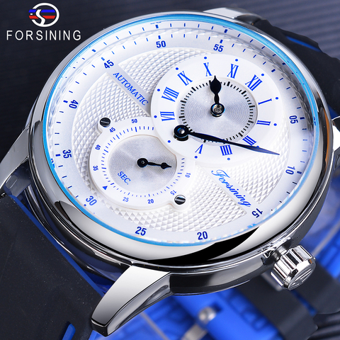 Forsining-Reloj de pulsera automático para hombre, mecánico, resistente al agua, transparente, banda de silicona, deportivo, informal, blanco y azul ► Foto 1/6