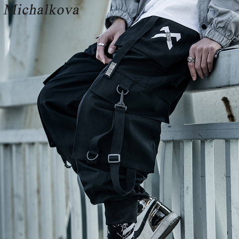 Michalkova-pantalones militares japoneses para hombre, Joggers negros con bolsillos de hip-hop, Cargo, ropa de calle informal ► Foto 1/6