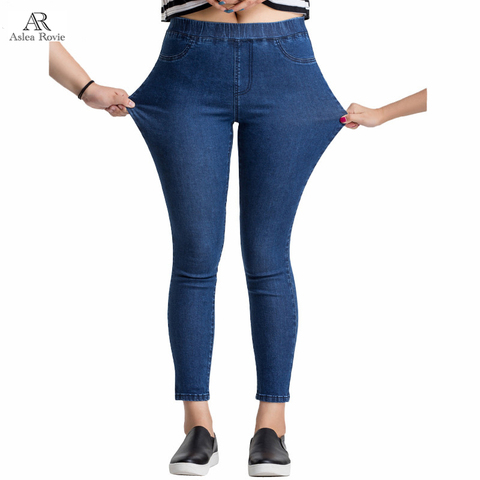 Pantalones vaqueros de Mujer talla grande Casual de cintura alta verano otoño pantalones ajustados de algodón elástico pantalones de mezclilla para mujer azul negro 4xl 5xl 6xl ► Foto 1/6