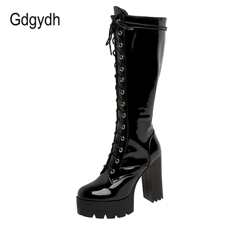 Gdgydh-Botas de charol de hasta la rodilla para mujer, botines de plataforma con cordones, tacones altos, a la moda, para club nocturno, venta al por mayor ► Foto 1/6