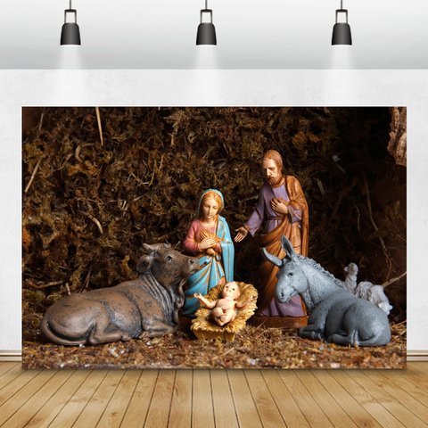 Laeacco Belén Jesús nacimiento Bullpen caballo bebé escultura fotografía fondos Navidad telones de fondo accesorios de estudio fotográfico ► Foto 1/6