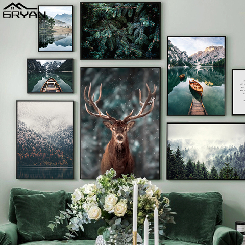 Nórdicos nevando paisaje de bosque cartel de ciervos Animal lago Barco de hojas de la montaña de nieve huellas pintura naturaleza foto Decoración ► Foto 1/6