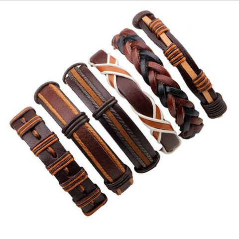 6 unidades/juego de pulseras de cuero de moda para hombre, pulsera de cuerda multicapa trenzada marrón, brazalete masculino, joyería ► Foto 1/4