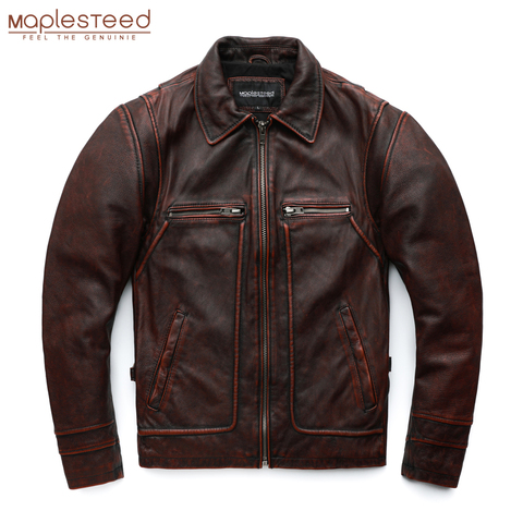 MAPLESTEED-chaqueta de cuero para hombre, 100% Vintage de piel de vaca, Negro, Rojo, marrón, M-5XL, manga larga, 62-68cm, M100 ► Foto 1/5