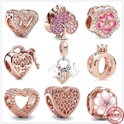 Dijes de mano libre originales de Plata de Ley 925 para mujer, con cuentas de corazón, oro rosa, compatible con pulseras Pandora, joyería DIY ► Foto 1/6