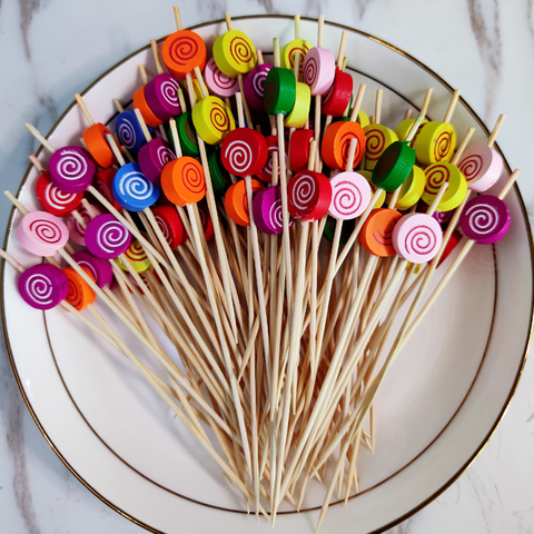 100pc12cm de forma circular de bambú a bufé magdalenas y frutas tenedor fiesta postre ensalada palo cóctel pincho para decoración de la boda ► Foto 1/6