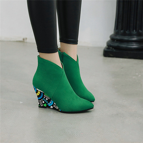 YMECHIC-Tacón de Cuña de ante para mujer, zapatos con cuñas de dibujo púrpura, color verde, negro y naranja, botines de invierno con punta estrecha, 2022 ► Foto 1/6