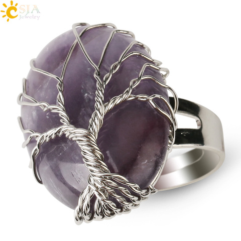 CSJA-anillo ovalado de Reiki Natural para mujer, anillos de dedo de piedra Natural, alambre de Arbol de la vida envuelta, joyería de fiesta G278 ► Foto 1/6