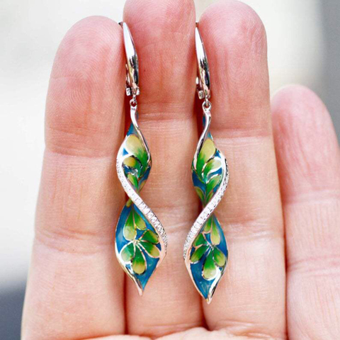 Pendientes de esmalte en espiral con incrustaciones de diamantes de imitación para mujer, joyería, pétalos de flores hechos a mano, pendientes esmaltados colgantes para mujer ► Foto 1/6