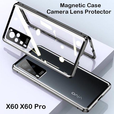 Coque 360 Funda magnética para vivo X60 5G X60 Pro Plus caso de aluminio parachoques de Metal funda de vidrio templado Protector de lente de cámara de película ► Foto 1/6
