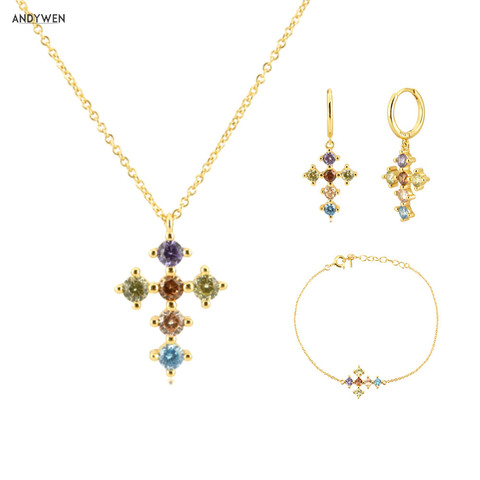 ANDYWEN-Conjunto de joyería de lujo, plata de ley 925, aros, pendientes, piercing, brazalete y collar con arcoíris dorado, cruz de circón, circonia cúbica, joyería ► Foto 1/6