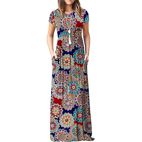 2022 verano vestido Floral Maxi de las mujeres damas vestido de fiesta suelto bolsillo Casual de manga corta vestido túnica mujer vestido ► Foto 1/6