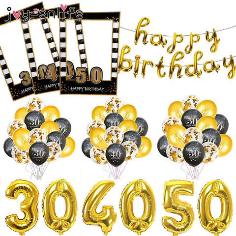 Globos de aniversario para adultos, decoración de fiesta con diseño de feliz cumpleaños, 30, 40, 50 y 60 años, color dorado y negro, accesorios de fotomatón para fiesta ► Foto 1/6