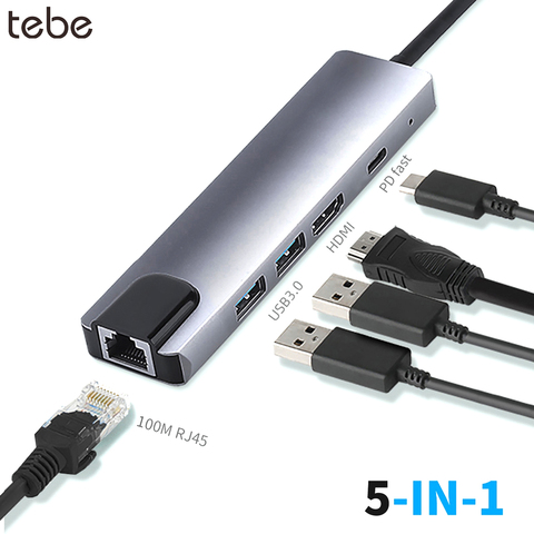 Tebe-USB-C hub tipo c a HDMI, USB 3,0, LAN, estación de acoplamiento Ethernet, adaptador de concentrador USB C multifunción, PD, carga rápida para Macbook ► Foto 1/6