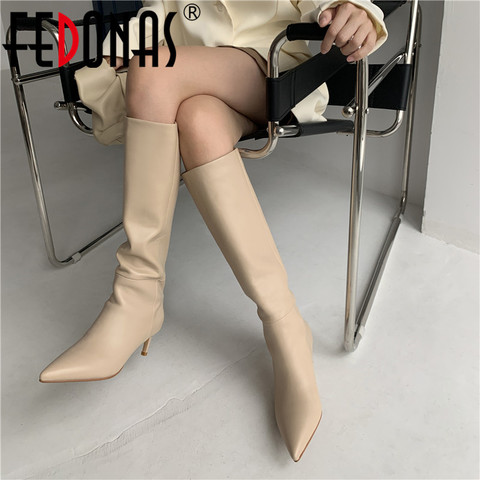 FEDONAS-Botas elegantes hasta la rodilla para mujer, zapatos de punta estrecha de pierna ancha, tacones de mujer, botas de tacón alto para boda, otoño e invierno, 2022 ► Foto 1/6