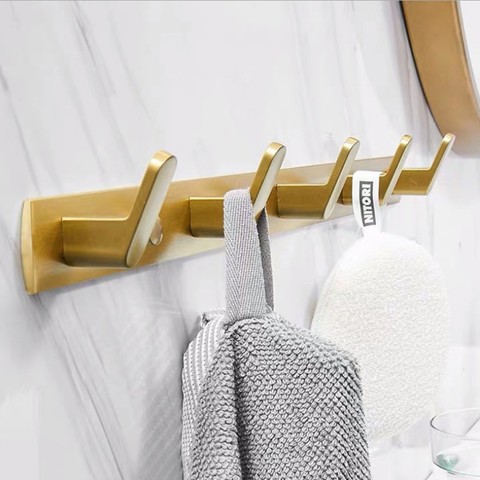 Gancho para abrigos, ganchos de pared para colgar toallas, accesorios de baño, perchero dorado cepillado ► Foto 1/6