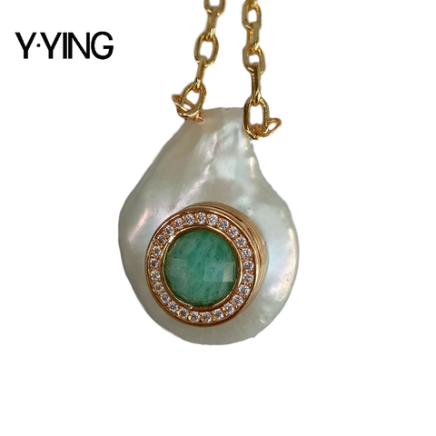 Y · YING-collar de cadena chapado en oro con moneda blanca natural para mujer, collar de cadena de 17 pulgadas con perlas de agua dulce, Cz, pavé de amazonita verde ► Foto 1/6