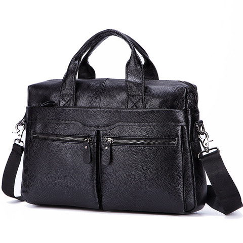 Bolsos negros de piel auténtica para hombre, bolsos de cuero grande de 14 