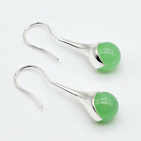 Pendientes de plata de ley 925 para mujer, aretes largos de jade, cuentas redondas de jade VERDE ► Foto 1/6